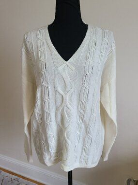 J.McLaughlin 100% Cashmere Cable Knit Sweater Ivory Boxy L Luxury